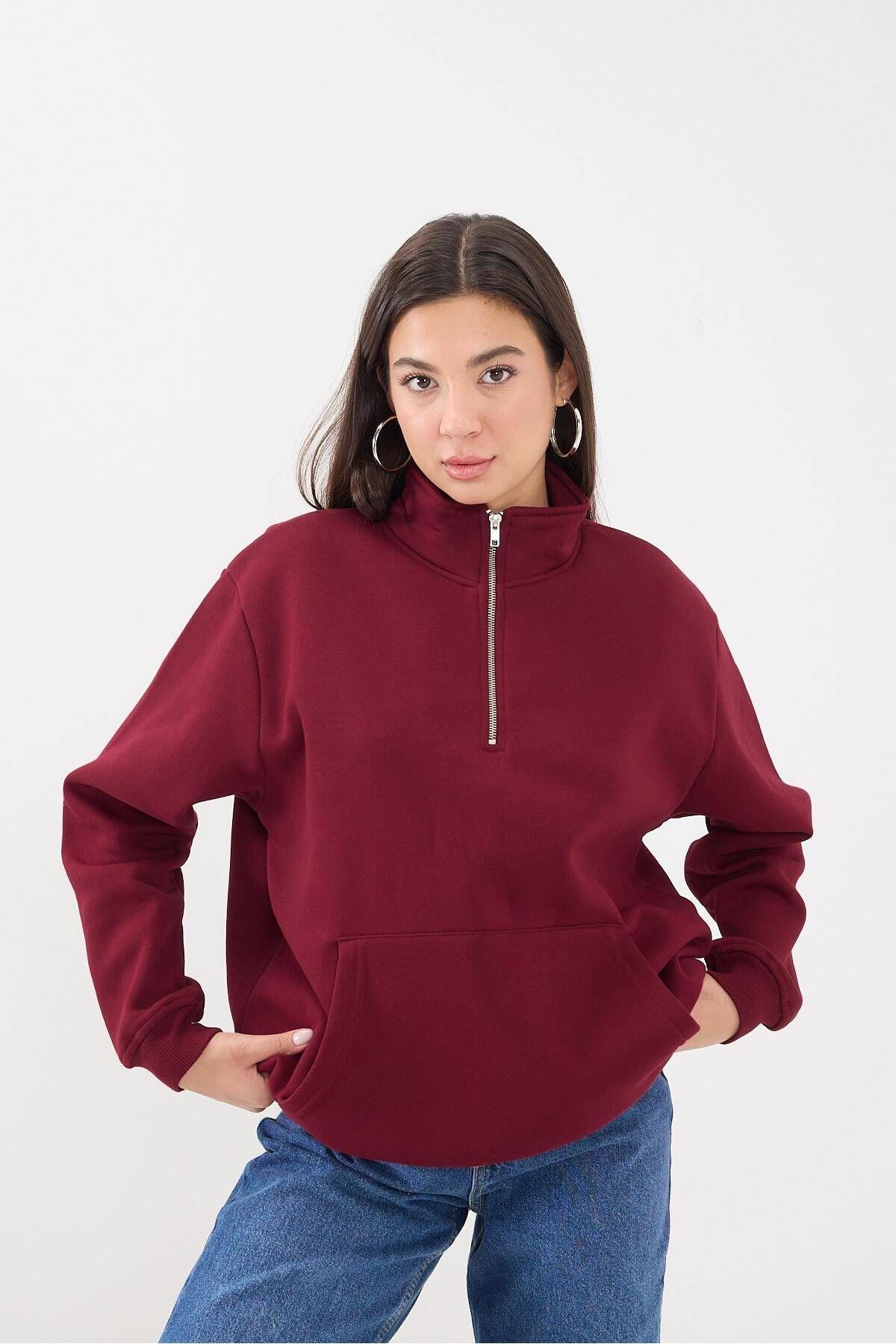 Yakası Fermuarlı Şardonlu Sweatshirt S11063-S9