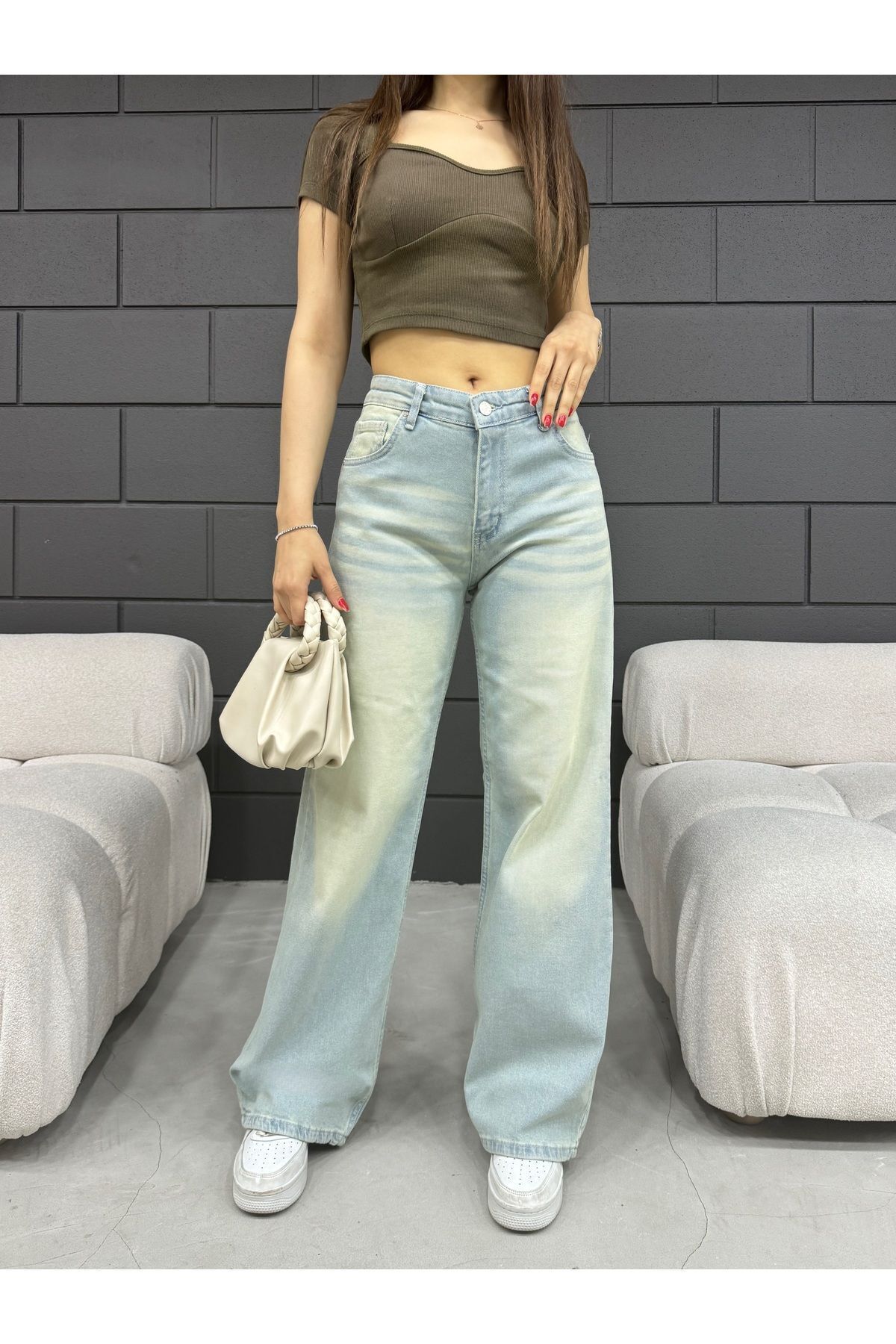 Kadın Soluk Efekt Vintage Yüksek Bel Wide Leg Jeans Kadın Soluk Efekt Vintage Yüksek Bel Wide Leg Jeans