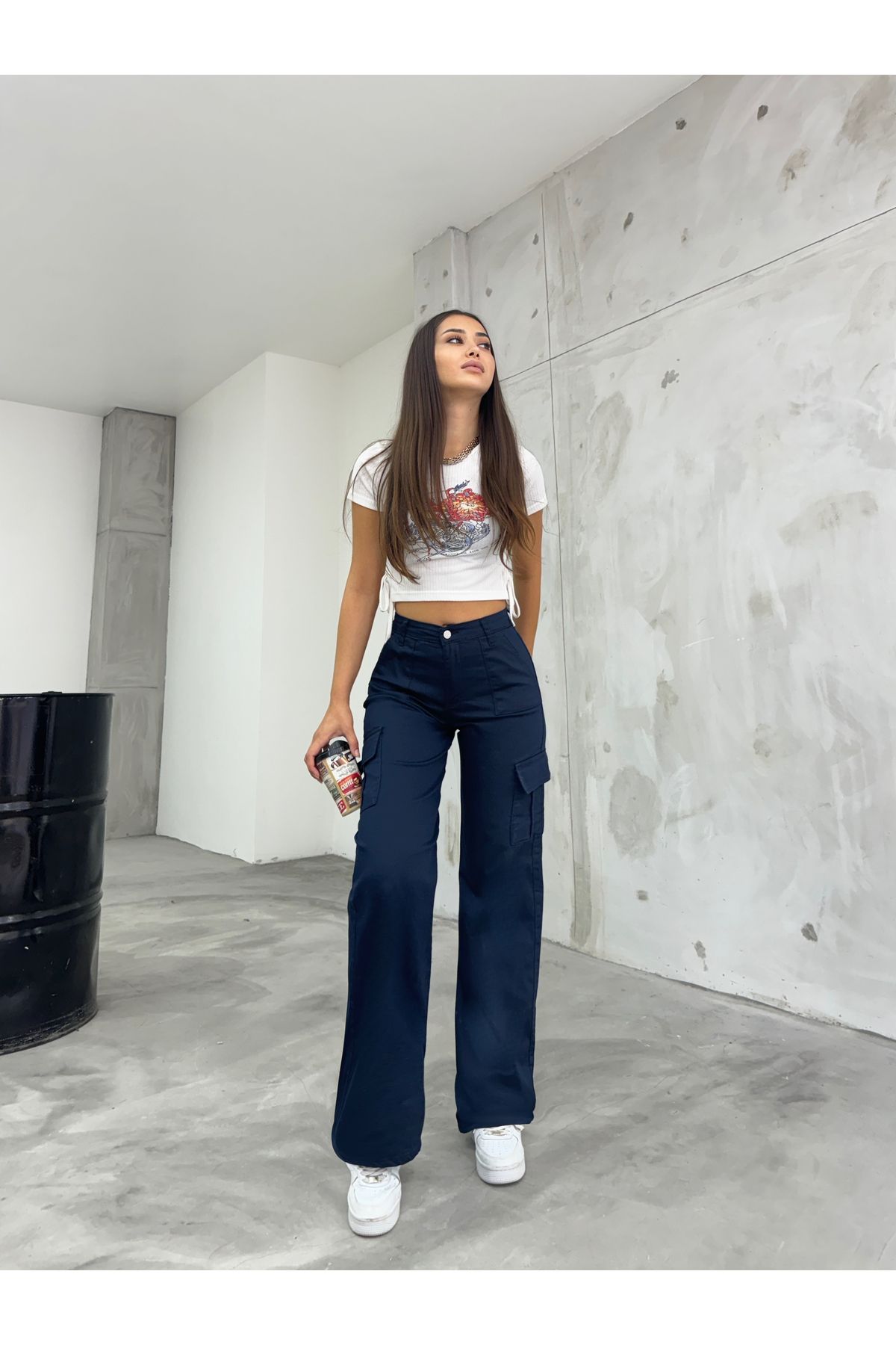 Lacivert Kargo Cepli Likralı Yüksek Bel Wide Leg Pantolon Lacivert Kargo Cepli Likralı Yüksek Bel Wide Leg Pantolon