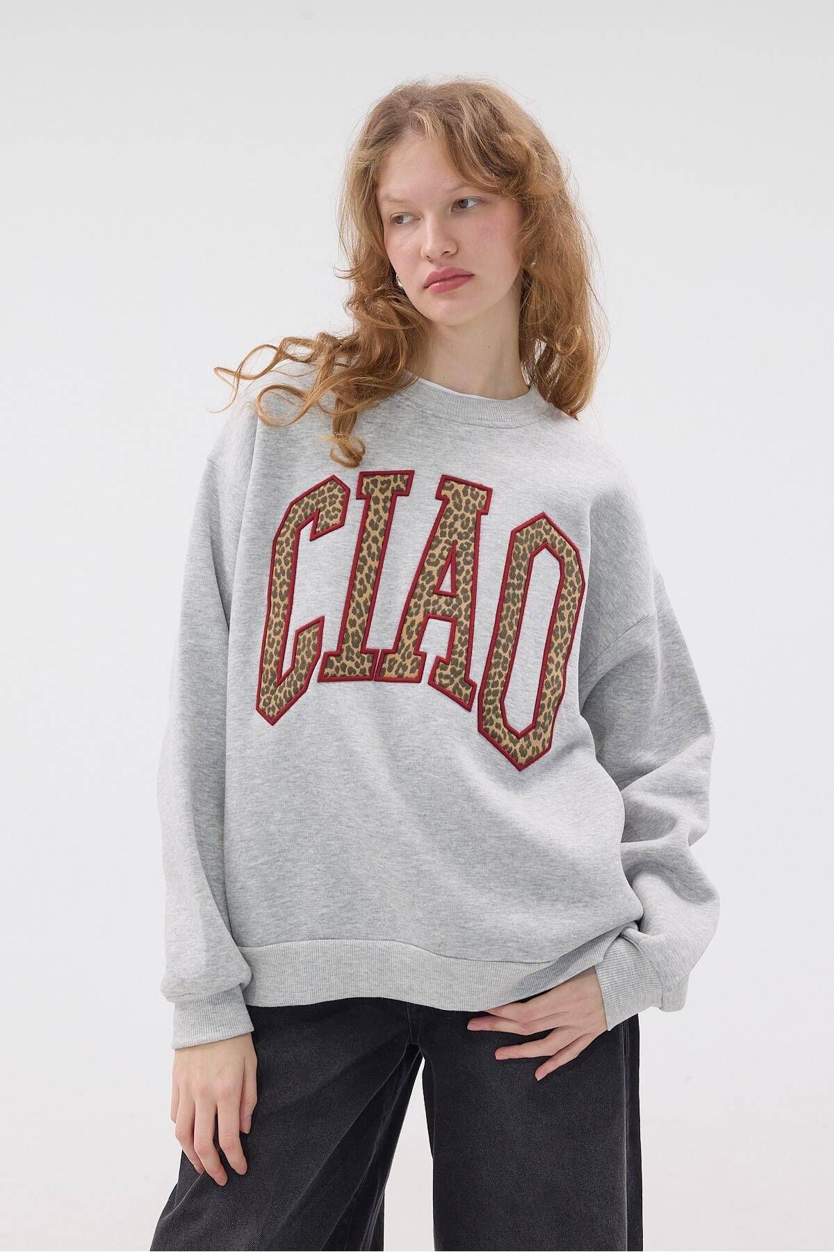 Leoparlı CIAO Yazılı Şardonlu Sweatshirt S710227-X4