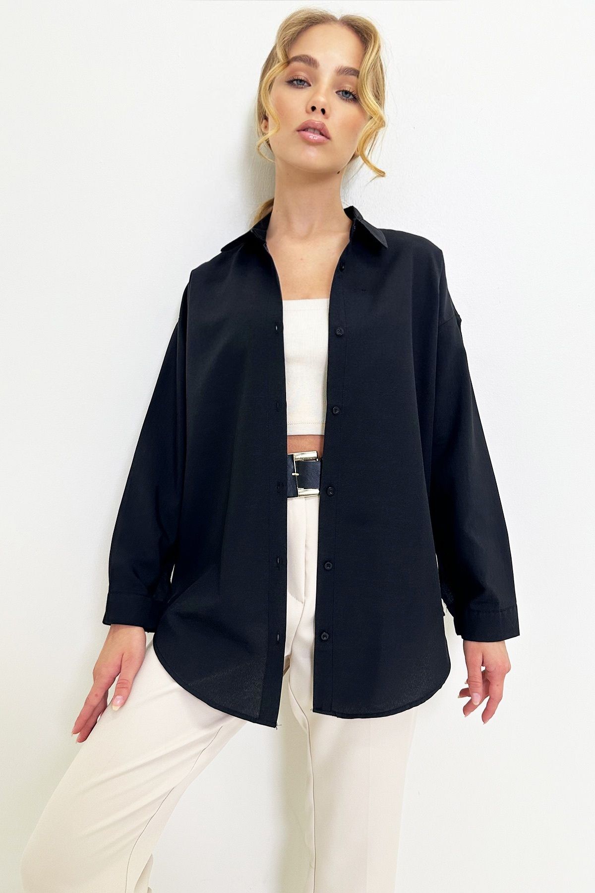 Kadın Siyah Oversize Uzun Dokuma Gömlek ALC-X6828 Kadın Siyah Oversize Uzun Dokuma Gömlek ALC-X6828