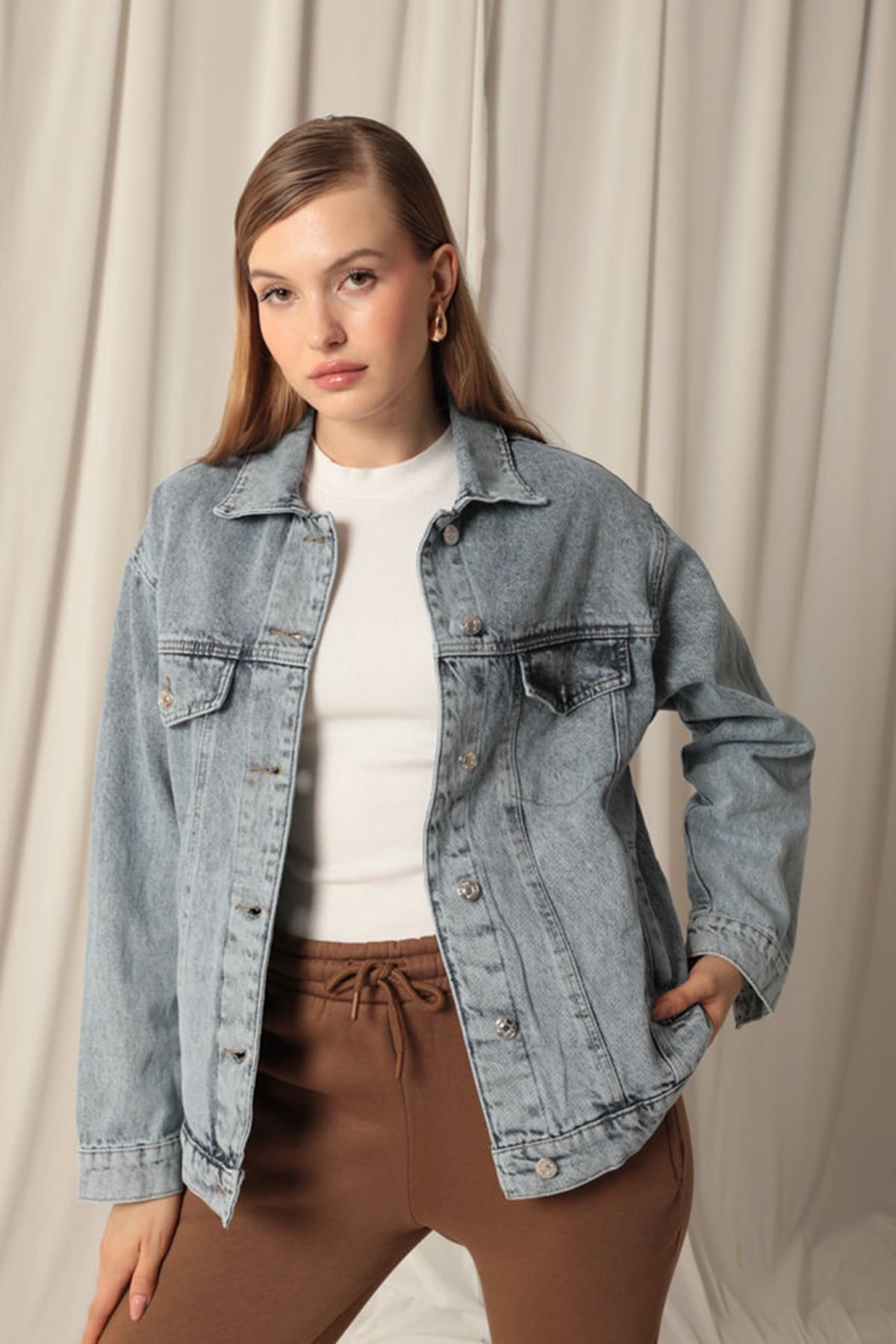 Denim Kumaş Oversize  Kadın Mavi Kot Ceket