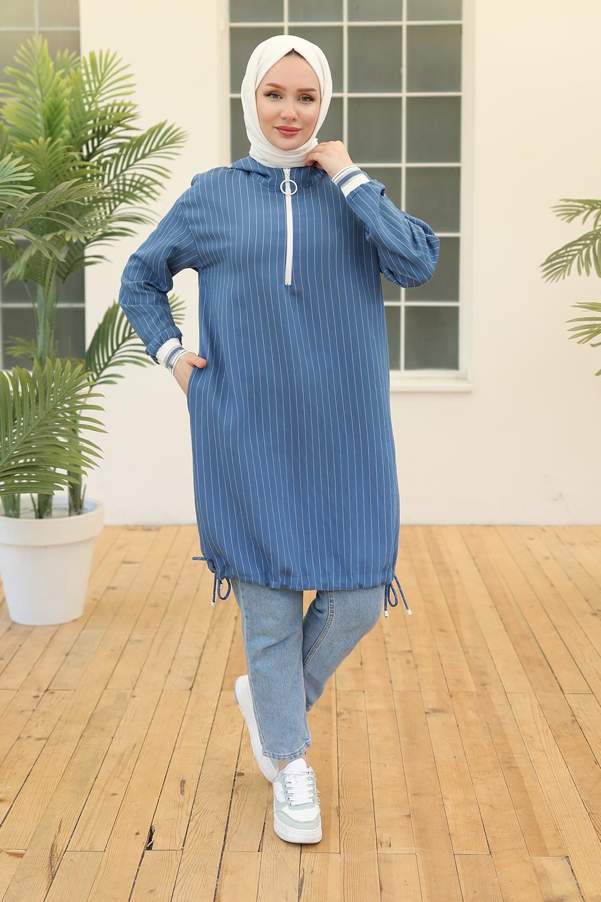 Kolları Ribanalı Kapüşonlu Tunik Indigo 24yt468