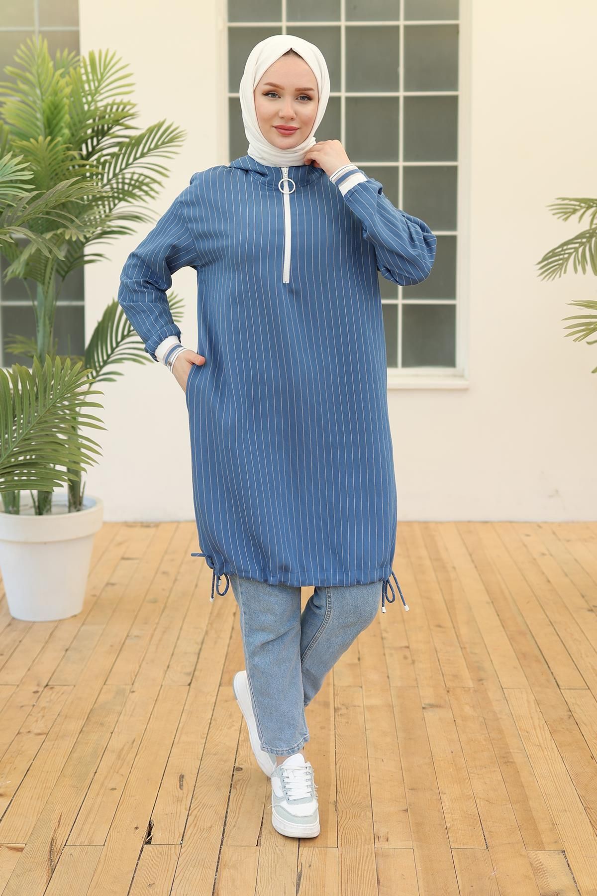 Kolları Ribanalı Kapüşonlu Tunik Indigo 24yt468 Kolları Ribanalı Kapüşonlu Tunik Indigo 24yt468