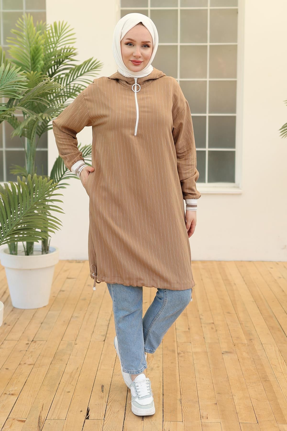 ARMİNE TREND Kolları Ribanalı Kapüşonlu Tunik Camel 24YT468