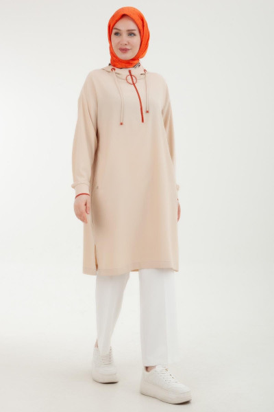 Kolları Ribanalı Kapüşonlu Yarım Fermuarlı Tunik Bej 24yt461 Kolları Ribanalı Kapüşonlu Yarım Fermuarlı Tunik Bej 24yt461