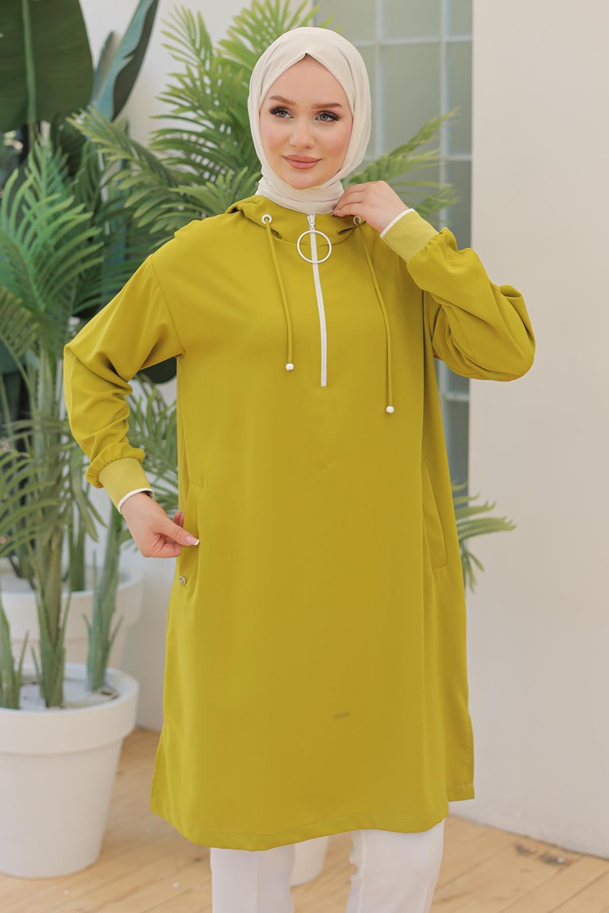 ARMİNE TREND Kolları Ribanalı Kapüşonlu Yarım Fermuarlı Tunik Olive 24YT461