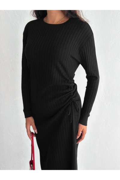 KADIN SİYAH YANDAN BAĞLAMA DETAYLI UZUN TRİKO ELBİSE KADIN SİYAH YANDAN BAĞLAMA DETAYLI UZUN TRİKO ELBİSE