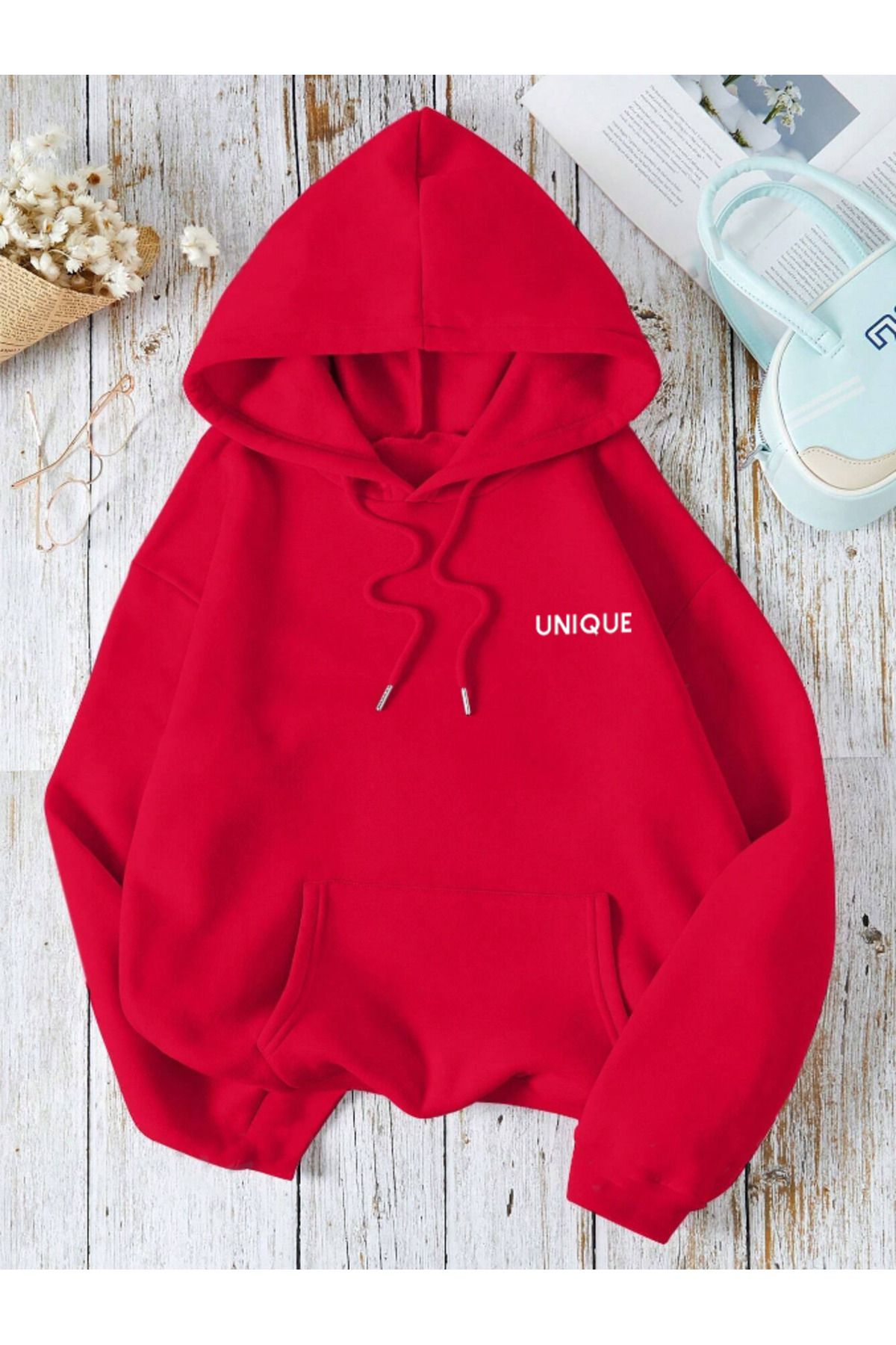 Unisex Erkek/Kadın UNİQUE Renkli Özel Baskılı Pamuklu Oversize Kapüşonlu Sweatshirt