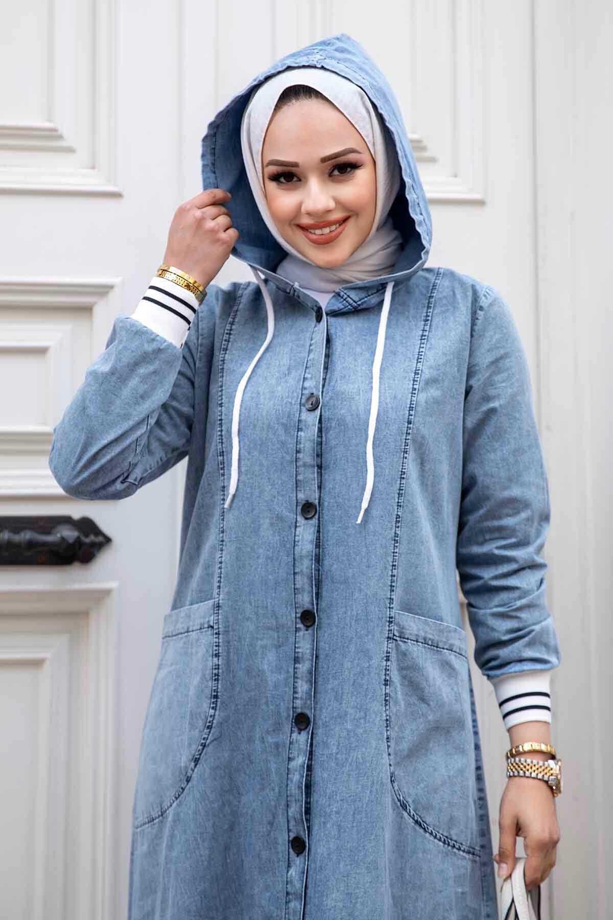 Kol Ribanalı Hicab Kot Elbise Açık Kar Kol Ribanalı Hicab Kot Elbise Açık Kar