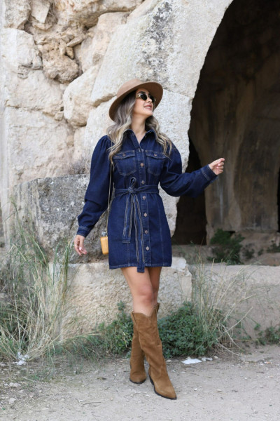 Lacivert Balon Kol Kuşaklı Jean Elbise Lacivert Balon Kol Kuşaklı Jean Elbise