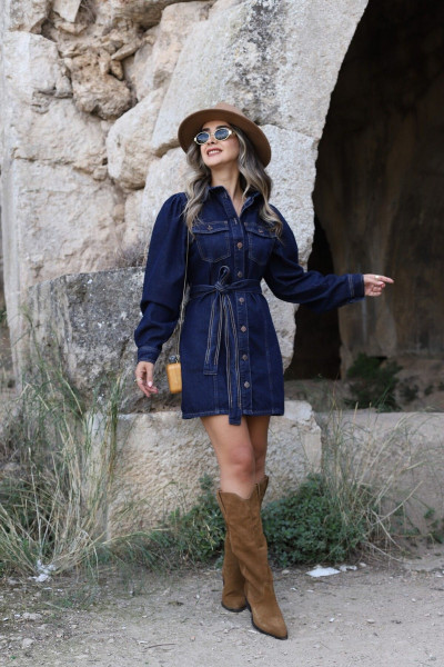 Lacivert Balon Kol Kuşaklı Jean Elbise Lacivert Balon Kol Kuşaklı Jean Elbise