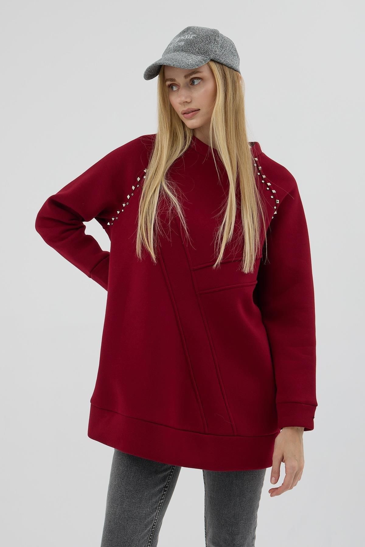 Taş Detaylı Parçalı Sweatshirt - Bordo Taş Detaylı Parçalı Sweatshirt - Bordo