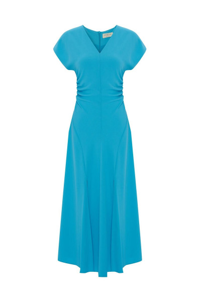 V Yaka Düşük Omuz Büzgü Detaylı Önden Yırtmaçlı Midi Krep Elbise V Yaka Düşük Omuz Büzgü Detaylı Önden Yırtmaçlı Midi Krep Elbise