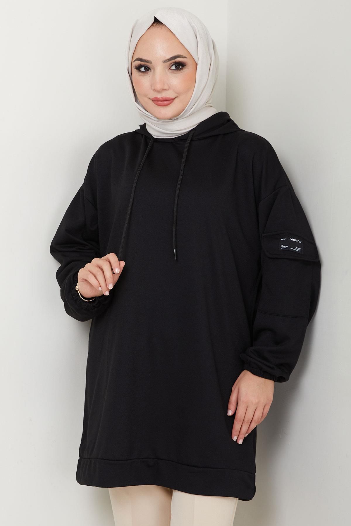 Kapüşonlu Kolu Cep Detaylı Sweatshirt Tunik Siyah Hm2582 Kapüşonlu Kolu Cep Detaylı Sweatshirt Tunik Siyah Hm2582
