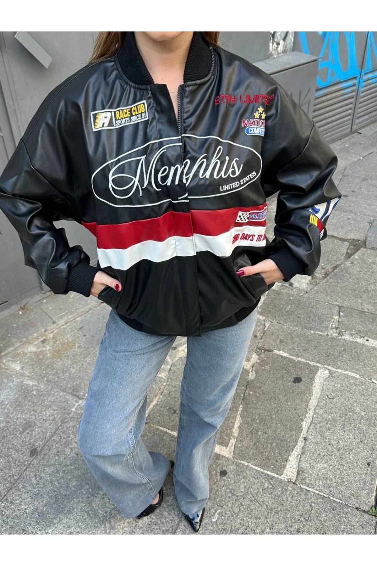 Unisex Deri Oversize Baskılı Motorcu Ceketi Unisex Deri Oversize Baskılı Motorcu Ceketi