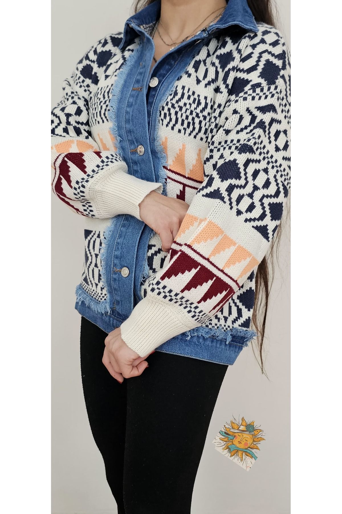Mix Color Denim Detay Etnik Desen Triko Ceket Mix Color Denim Detay Etnik Desen Triko Ceket
