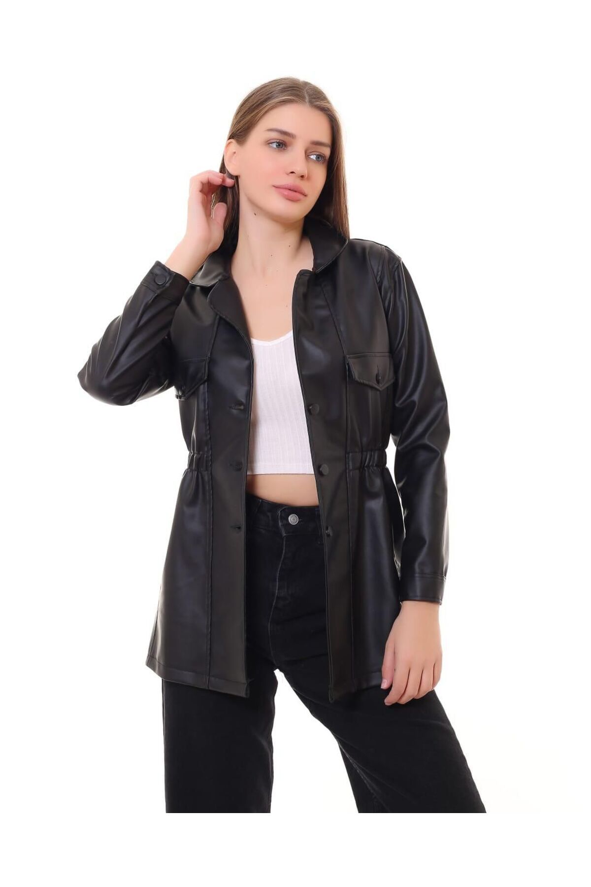 Kadın Uzun Oversize Siyah Deri Ceket Kadın Uzun Oversize Siyah Deri Ceket