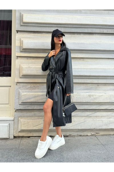 Siyah Kruvaze Kapama Deri Trençkot 26069 Siyah Kruvaze Kapama Deri Trençkot 26069