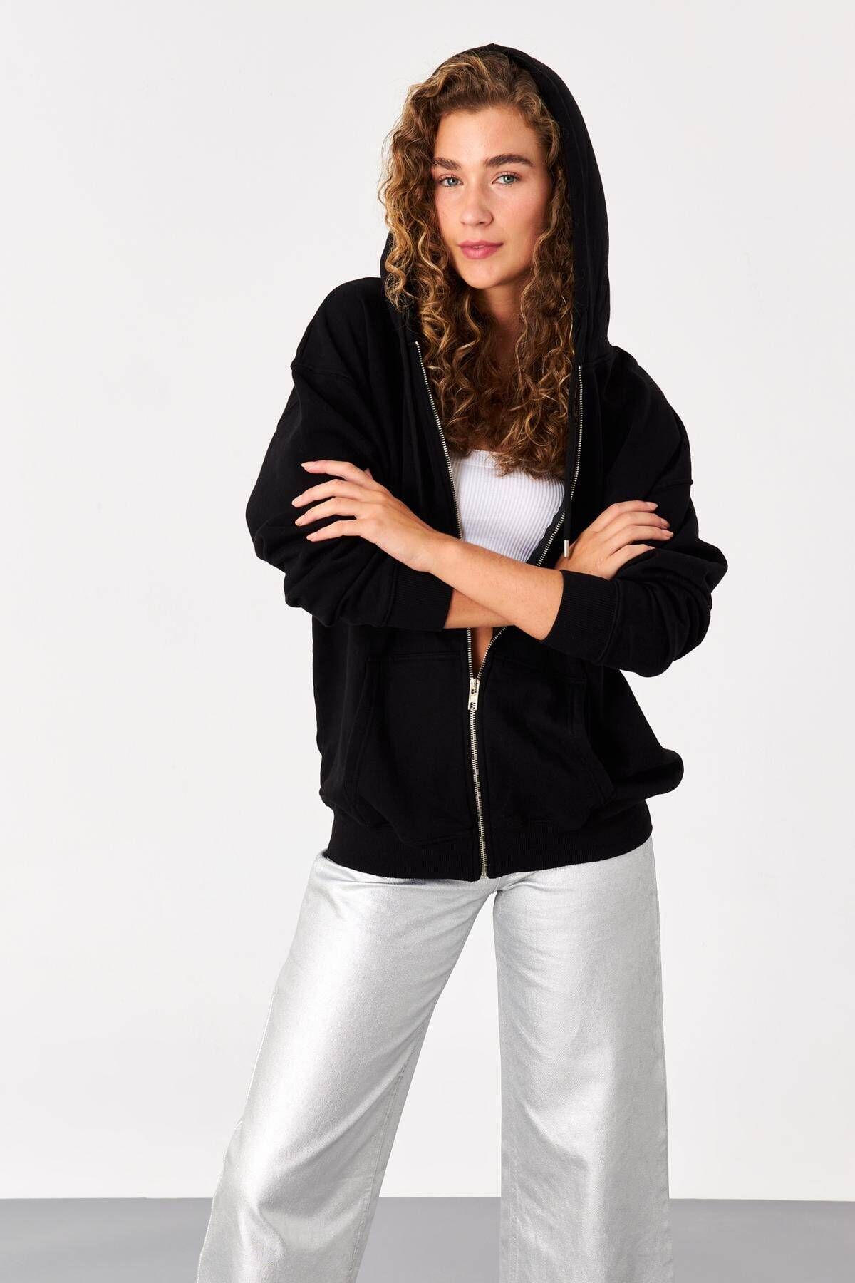 Şardonlu Fermuarlı Oversize Sweatshirt H9476-g12v3