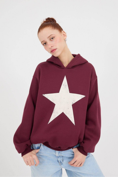 Yıldız Baskılı Kapüşonlu Şardonlu Sweatshirt S3994-U8 Yıldız Baskılı Kapüşonlu Şardonlu Sweatshirt S3994-U8