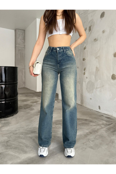 Kadın Soluk Efekt Vintage Yüksek Bel Wide Leg Jeans Kadın Soluk Efekt Vintage Yüksek Bel Wide Leg Jeans