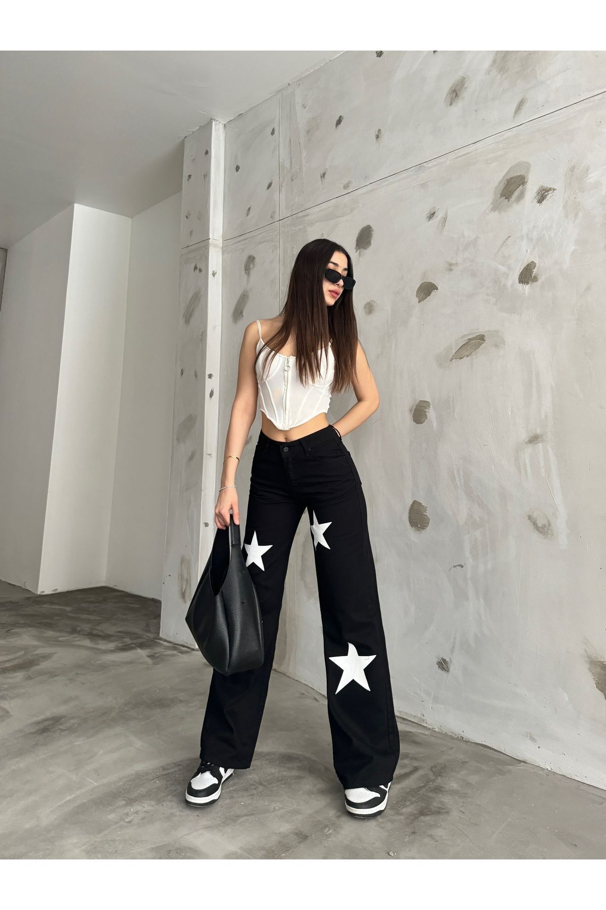 Flocked Star Yıldız Baskılı Geniş Paça  Straight fit Wide Leg Jean