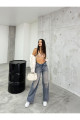 Kadın Soluk Efekt Vintage Yüksek Bel Wide Leg Jeans