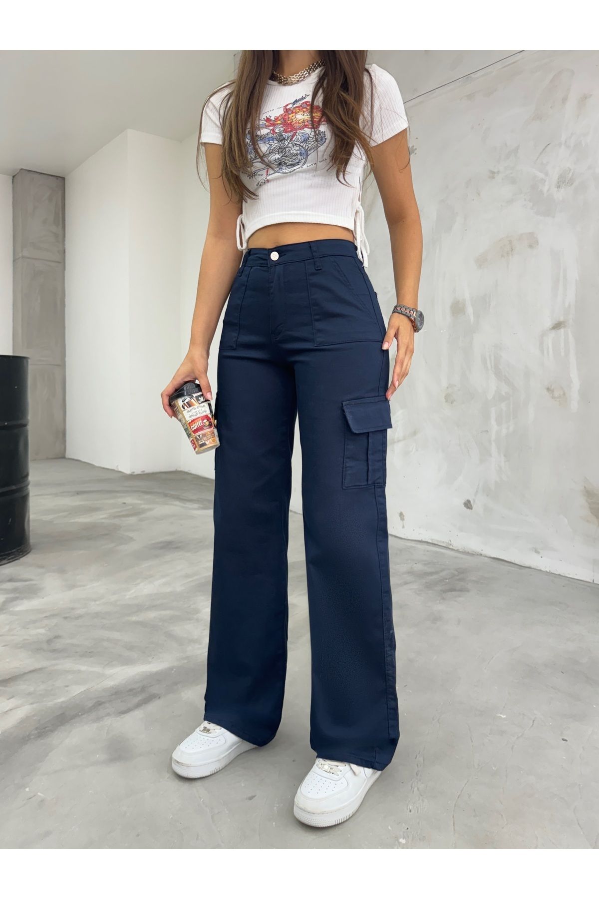 Lacivert Kargo Cepli Likralı Yüksek Bel Wide Leg Pantolon Lacivert Kargo Cepli Likralı Yüksek Bel Wide Leg Pantolon