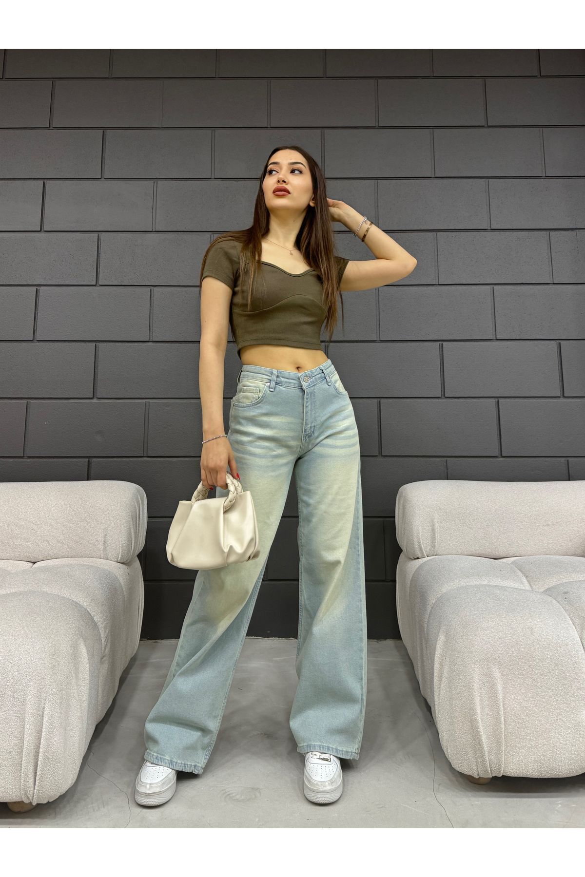 Kadın Soluk Efekt Vintage Yüksek Bel Wide Leg Jeans Kadın Soluk Efekt Vintage Yüksek Bel Wide Leg Jeans