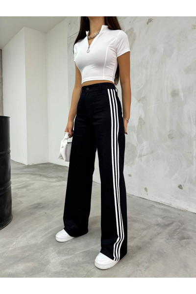 Kadın Yüksek Bel Yanı Şeritli Wide Leg Pantolon Kadın Yüksek Bel Yanı Şeritli Wide Leg Pantolon