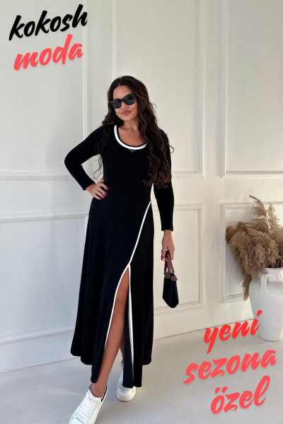 Kadın Yırtmaç Detaylı Ribanalı Siyah Uzun Elbise Kadın Yırtmaç Detaylı Ribanalı Siyah Uzun Elbise