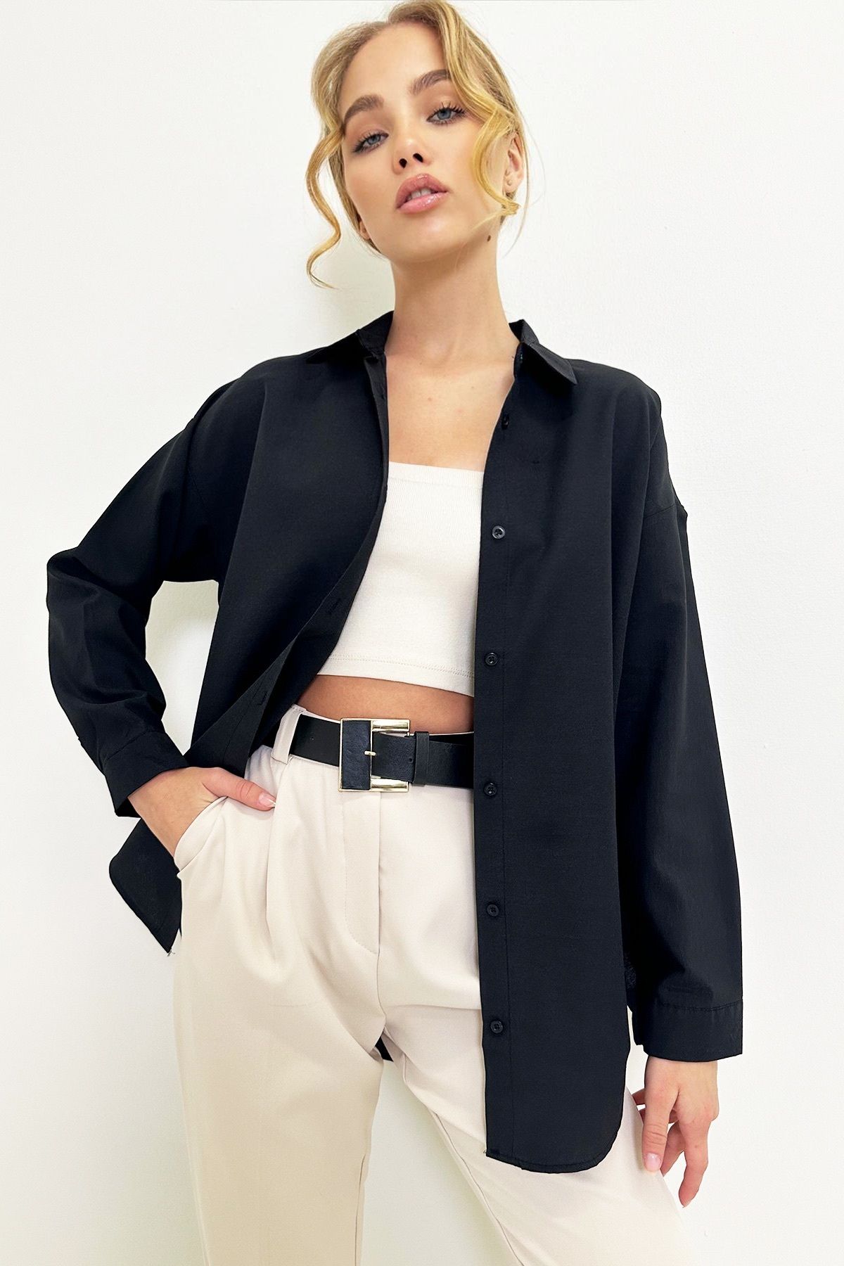 Kadın Siyah Oversize Uzun Dokuma Gömlek ALC-X6828 Kadın Siyah Oversize Uzun Dokuma Gömlek ALC-X6828