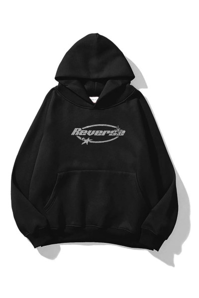 Siyah Unisex Oversize  Reverse Parıltılı Taş Baskılı Sweatshirt Siyah Unisex Oversize  Reverse Parıltılı Taş Baskılı Sweatshirt