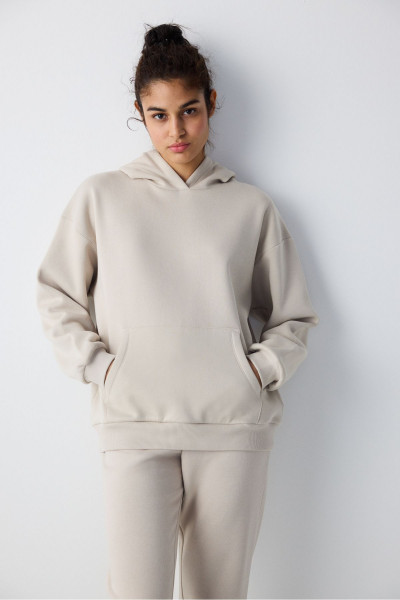 Taş Kapüşonlu Oversize Şardonlu Sweatshirt Taş Kapüşonlu Oversize Şardonlu Sweatshirt