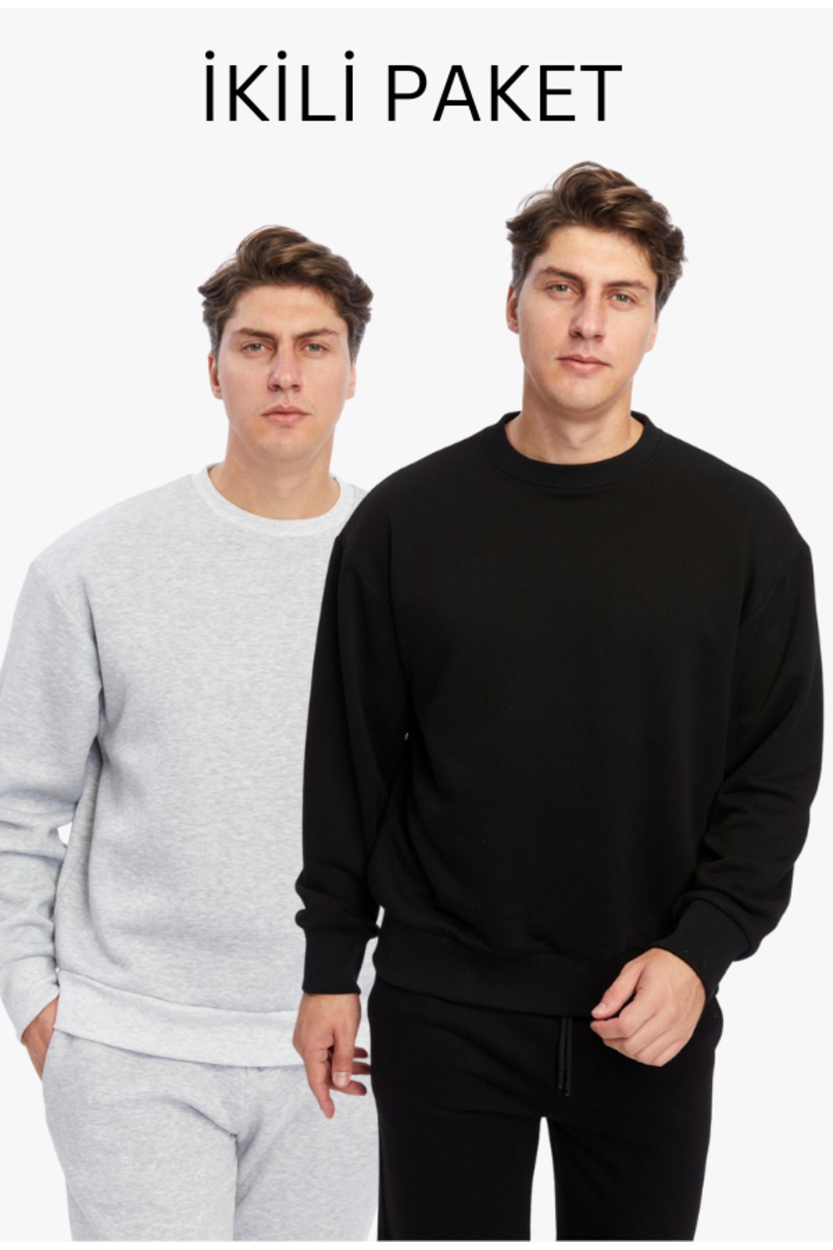 İkili Paket Basic Düz Uzun Kollu Oversize Kışlık Sweatshirt 3 İplik 2'li Paket