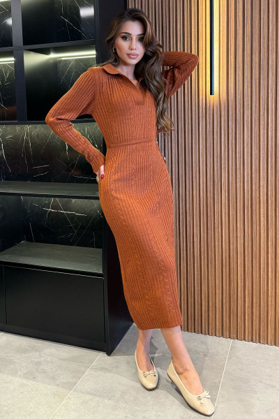 Kiremit Kadın Polo Yaka Bel Bağlamalı Uzun Triko Elbise Kiremit Kadın Polo Yaka Bel Bağlamalı Uzun Triko Elbise