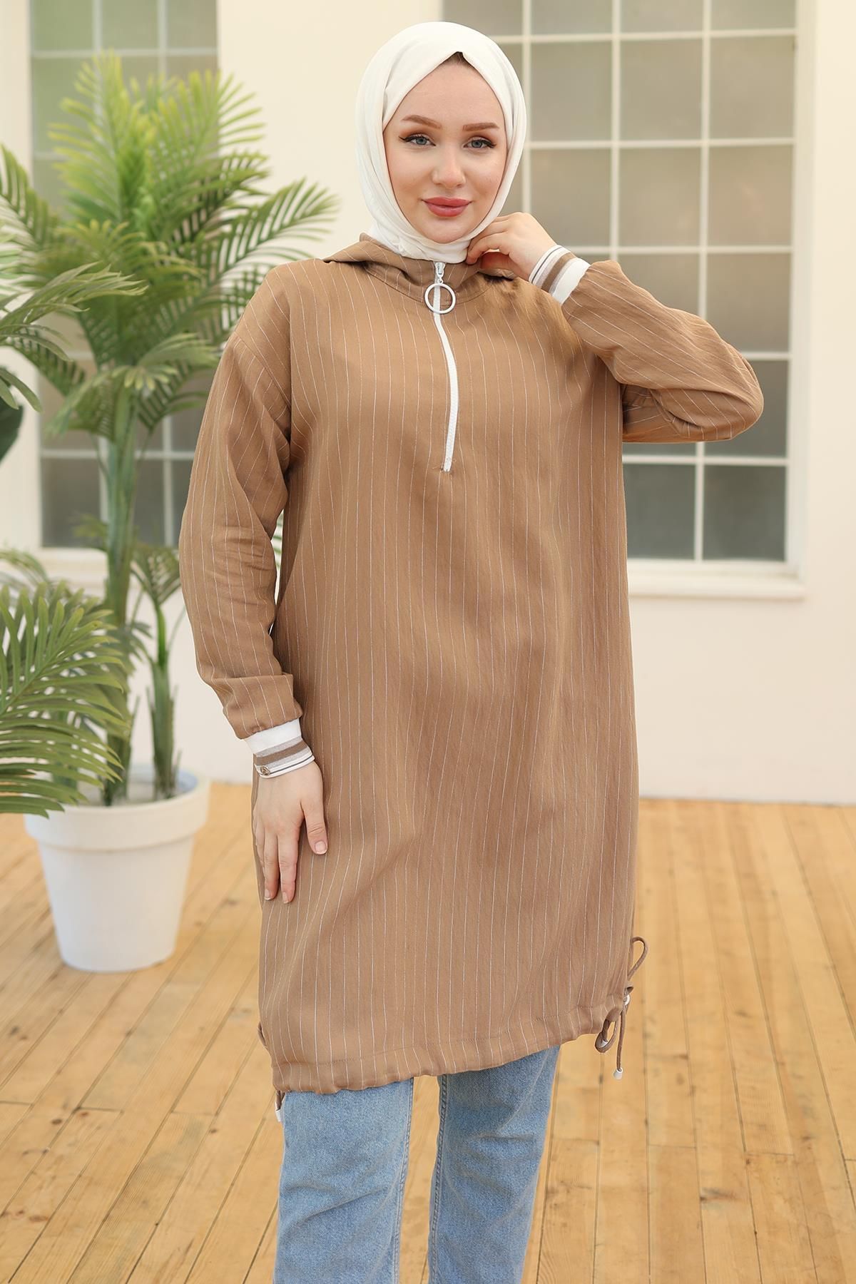 ARMİNE TREND Kolları Ribanalı Kapüşonlu Tunik Camel 24YT468