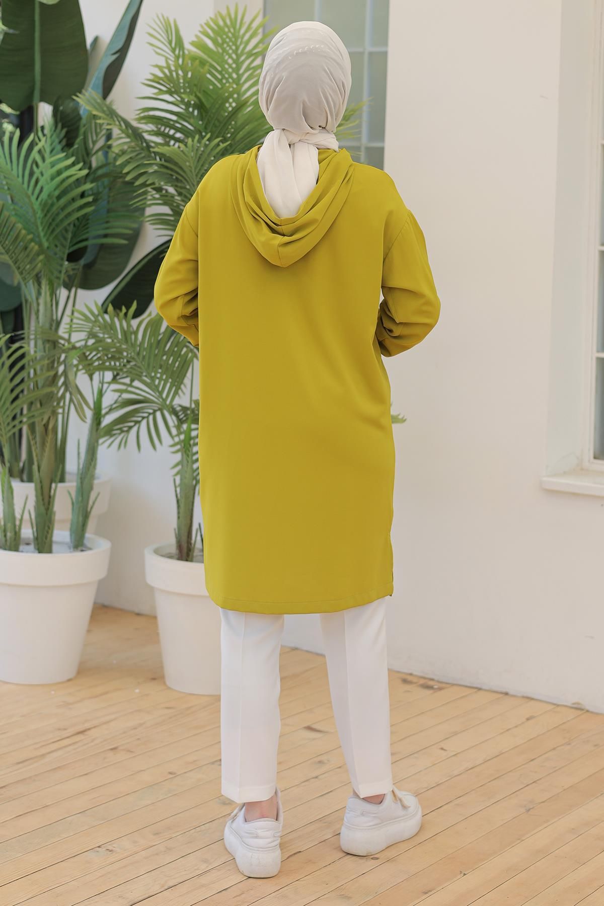 ARMİNE TREND Kolları Ribanalı Kapüşonlu Yarım Fermuarlı Tunik Olive 24YT461