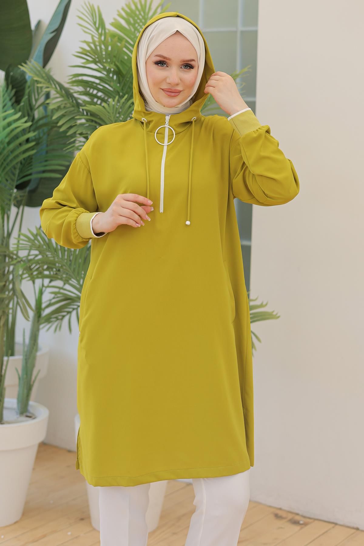 ARMİNE TREND Kolları Ribanalı Kapüşonlu Yarım Fermuarlı Tunik Olive 24YT461