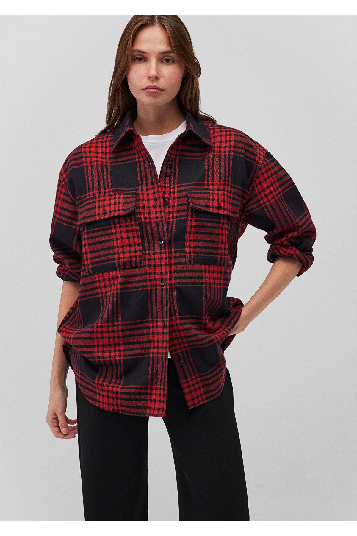 Kareli Kırmızı Gömlek Oversize / Geniş Kesim 1210993-80116 Kareli Kırmızı Gömlek Oversize / Geniş Kesim 1210993-80116