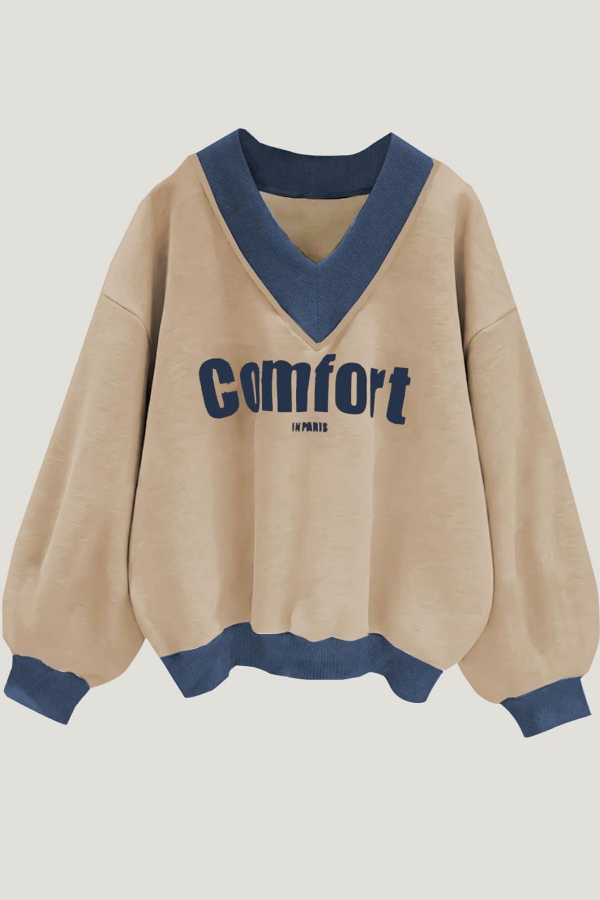 Kadın 3 Iplik Vizon Comfort In Paris Baskılı V Yaka Oversize Sweatshirt