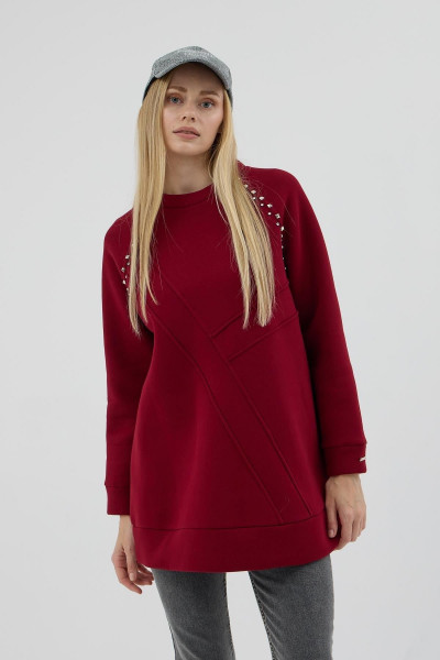 Taş Detaylı Parçalı Sweatshirt - Bordo Taş Detaylı Parçalı Sweatshirt - Bordo