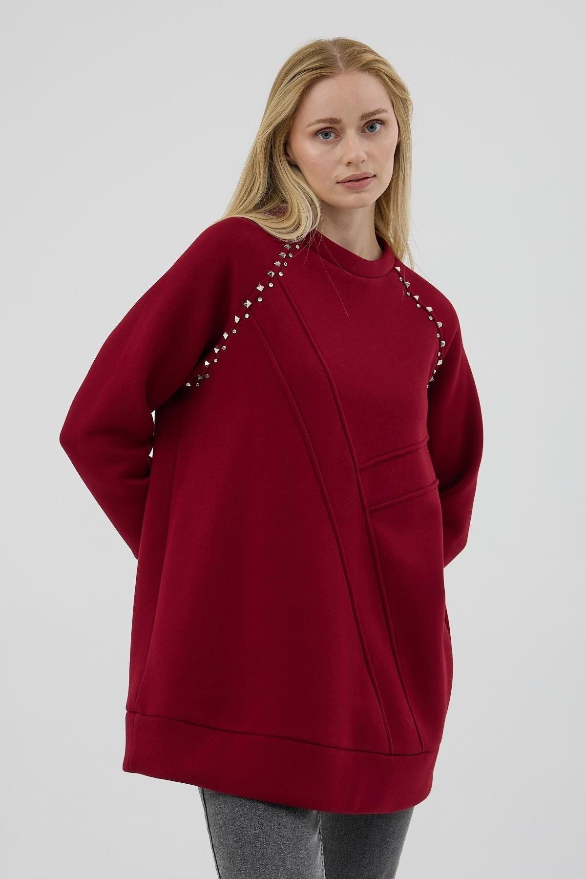 Taş Detaylı Parçalı Sweatshirt - Bordo