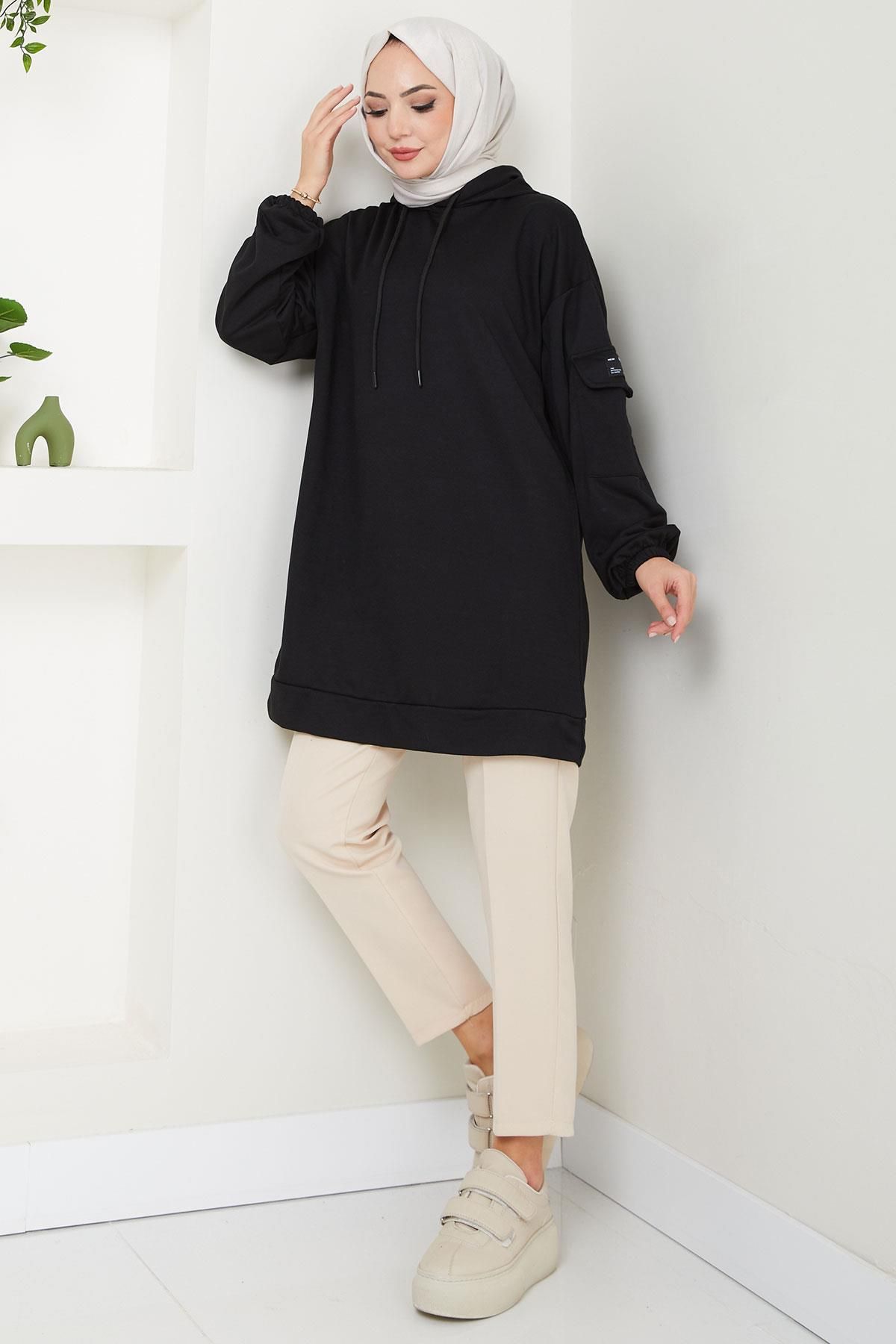 Kapüşonlu Kolu Cep Detaylı Sweatshirt Tunik Siyah Hm2582 Kapüşonlu Kolu Cep Detaylı Sweatshirt Tunik Siyah Hm2582