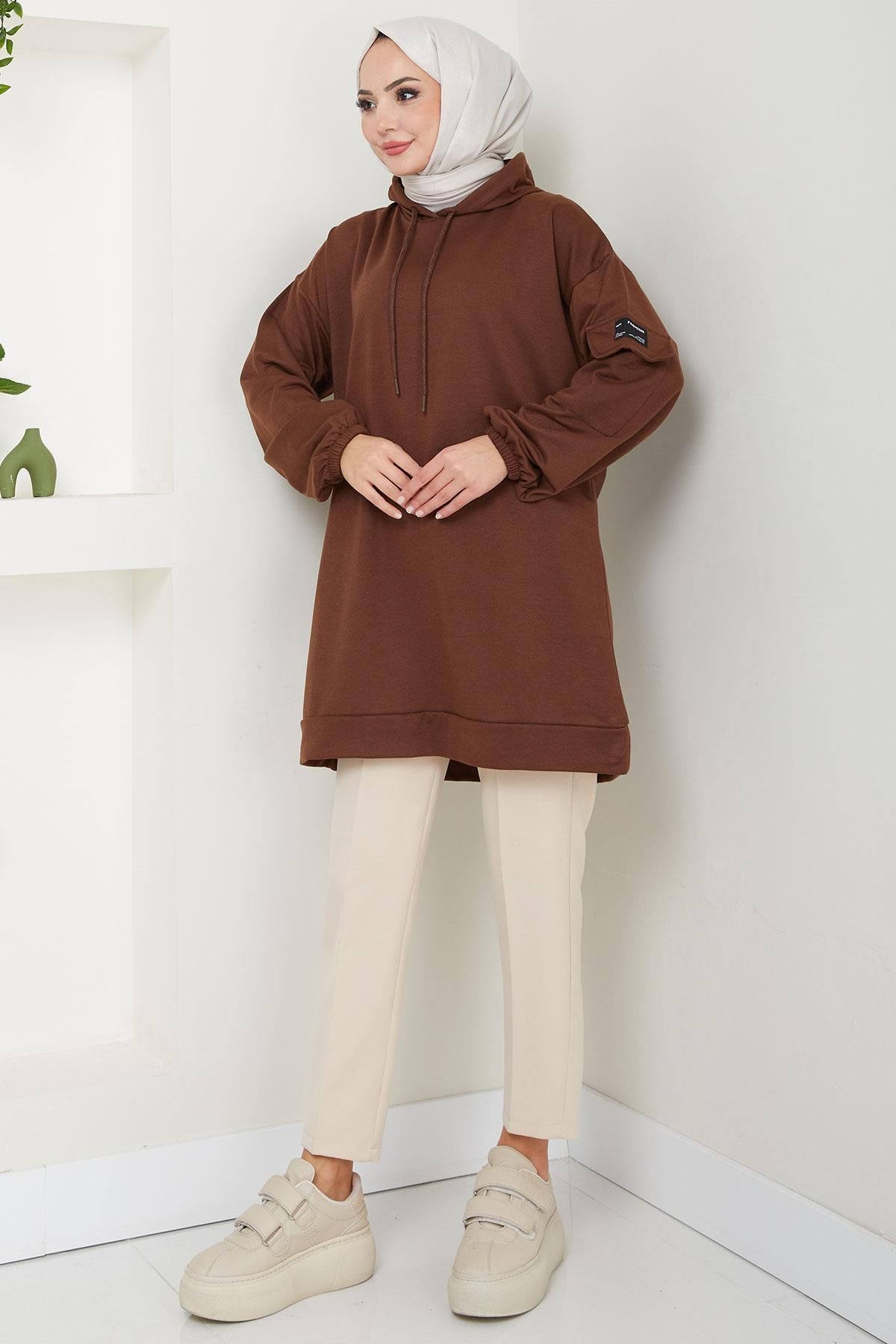 Kapüşonlu Kolu Cep Detaylı Sweatshirt Tunik Kahverengi HM2582 Kapüşonlu Kolu Cep Detaylı Sweatshirt Tunik Kahverengi HM2582
