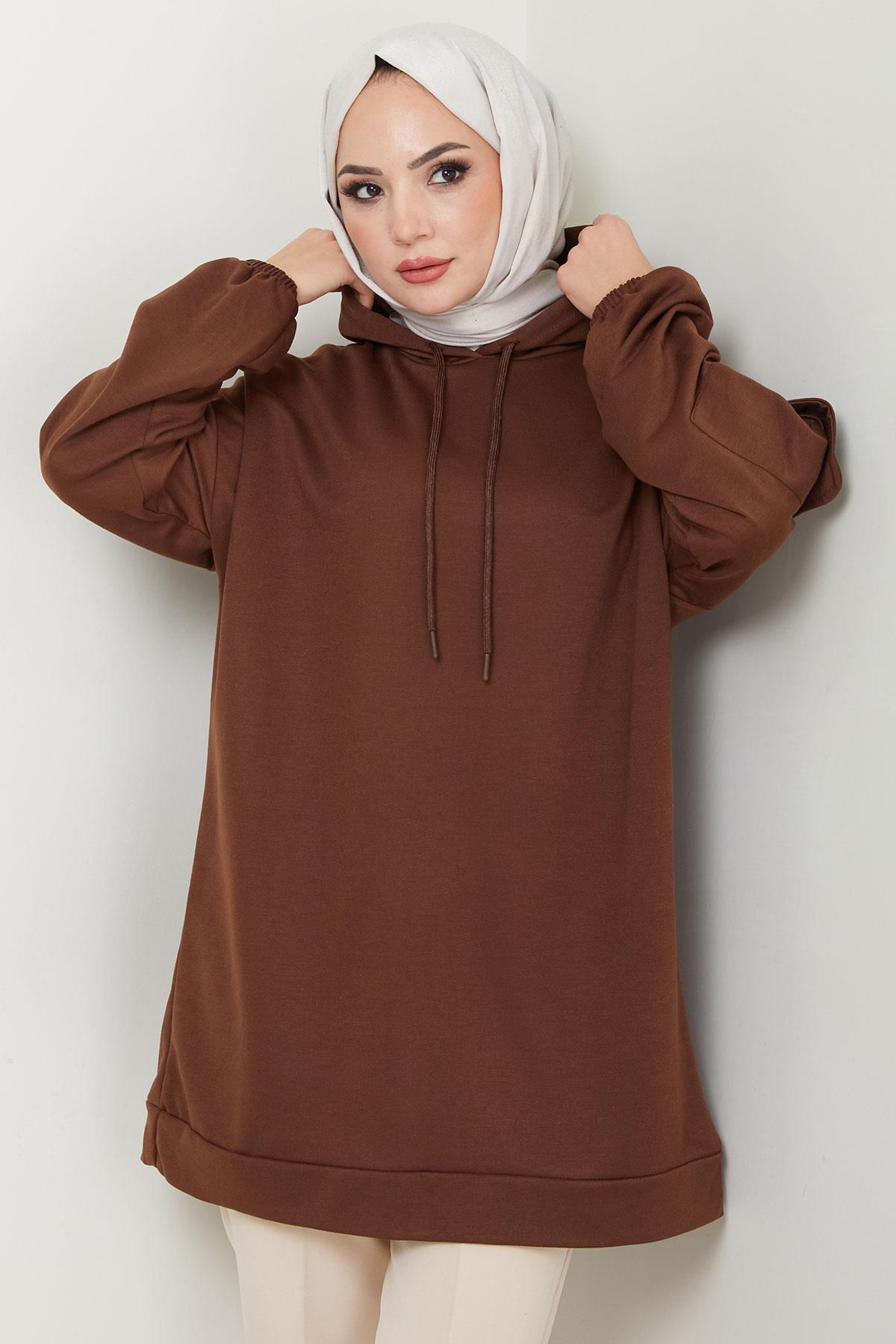 Kapüşonlu Kolu Cep Detaylı Sweatshirt Tunik Kahverengi HM2582 Kapüşonlu Kolu Cep Detaylı Sweatshirt Tunik Kahverengi HM2582