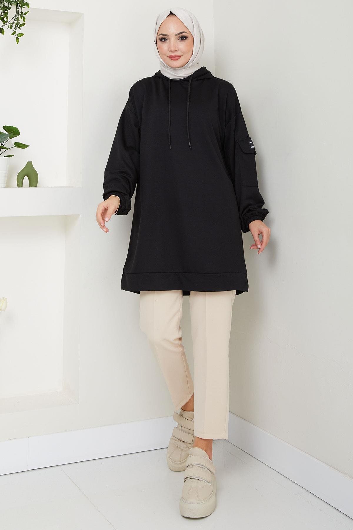 Kapüşonlu Kolu Cep Detaylı Sweatshirt Tunik Siyah Hm2582 Kapüşonlu Kolu Cep Detaylı Sweatshirt Tunik Siyah Hm2582
