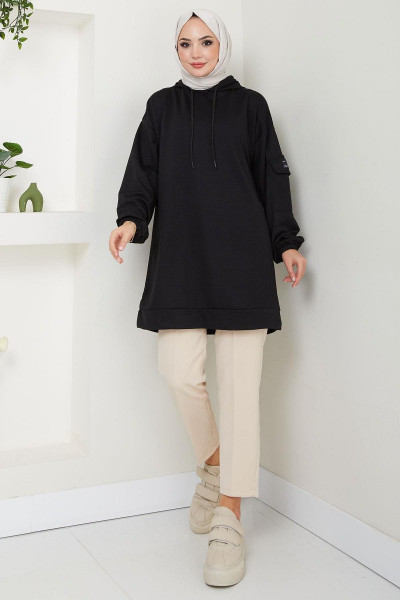 Kapüşonlu Kolu Cep Detaylı Sweatshirt Tunik Siyah Hm2582 Kapüşonlu Kolu Cep Detaylı Sweatshirt Tunik Siyah Hm2582
