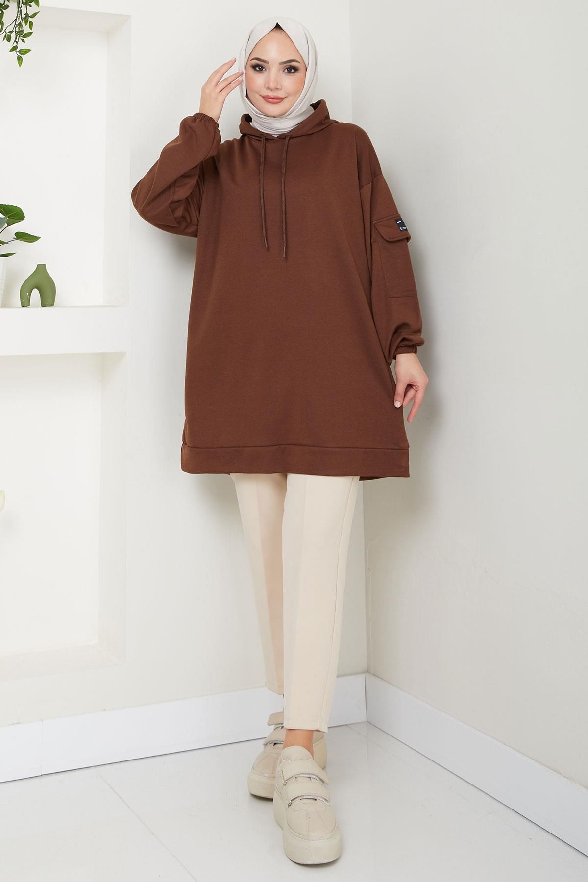 Kapüşonlu Kolu Cep Detaylı Sweatshirt Tunik Kahverengi HM2582 Kapüşonlu Kolu Cep Detaylı Sweatshirt Tunik Kahverengi HM2582